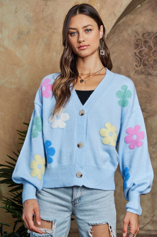 ADORA Flower Button Down Lantern Sleeve Cardigan-TOPS / DRESSES-[Adult]-[Female]-Lt Blue-S-2022 Online Blue Zone Planet