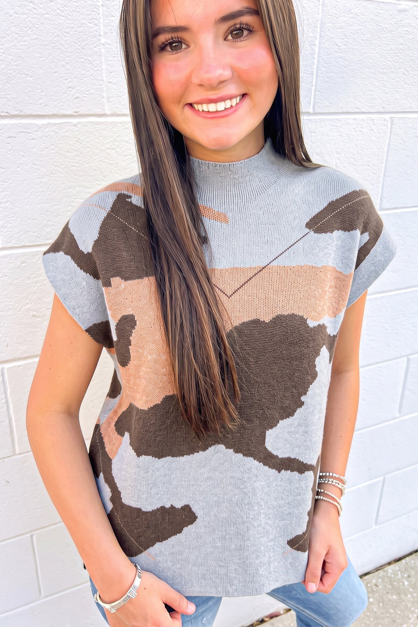 Gray Camouflage Pattern Drop Shoulder High Neck Short Sleeve Shift Sweater