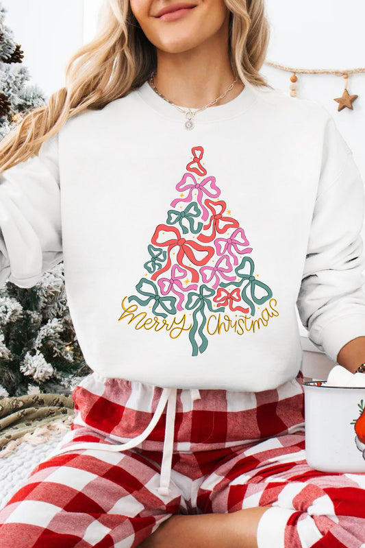 Beige Bow Christmas Tree Print Crew Neck Loose Sweatshirt-Graphic Sweatshirts-[Adult]-[Female]-Beige-S-2022 Online Blue Zone Planet