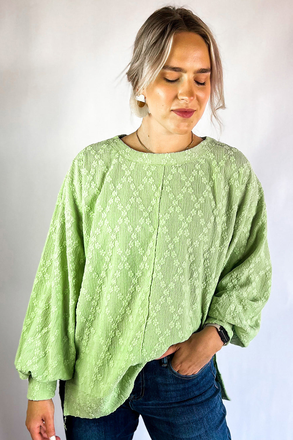 Blue Zone Planet | Light Green Solid Color Textured Side Split Crew Neck Blouse-Tops/Blouses & Shirts-[Adult]-[Female]-2022 Online Blue Zone Planet