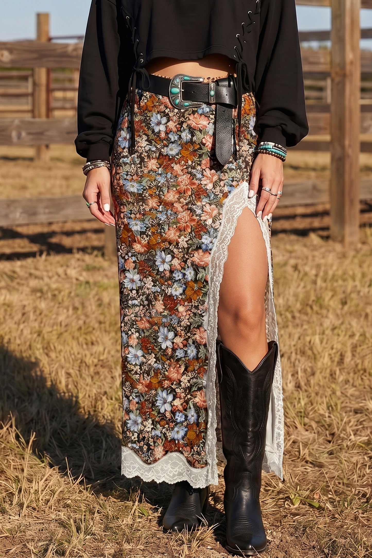 Multicolour Cheetah Print Trim Split Long Western Skirt-Bottoms/Skirts & Petticoat-[Adult]-[Female]-Multicolour-S-2022 Online Blue Zone Planet