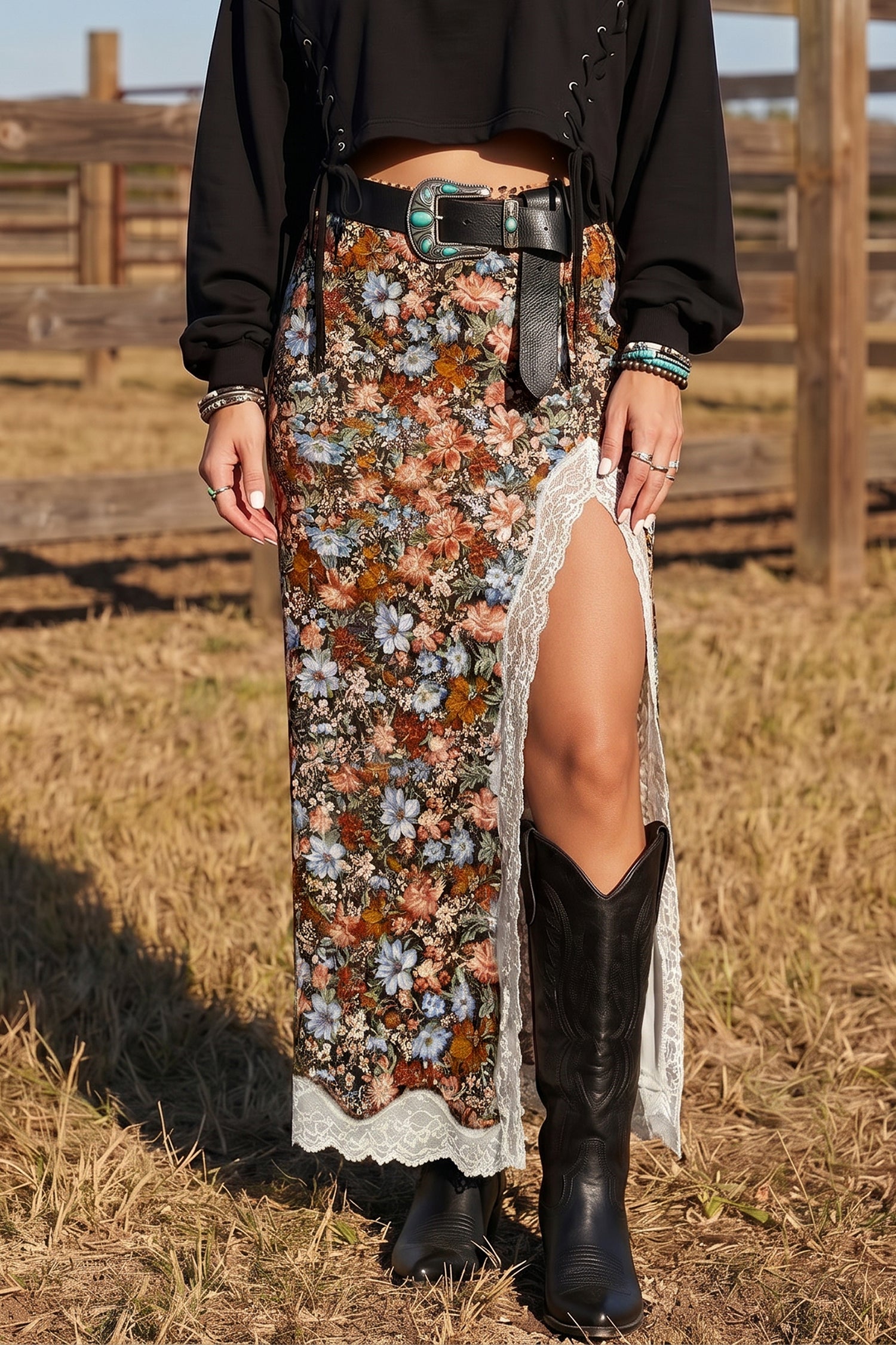 Multicolour Cheetah Print Trim Split Long Western Skirt-Bottoms/Skirts & Petticoat-[Adult]-[Female]-Multicolour-S-2022 Online Blue Zone Planet