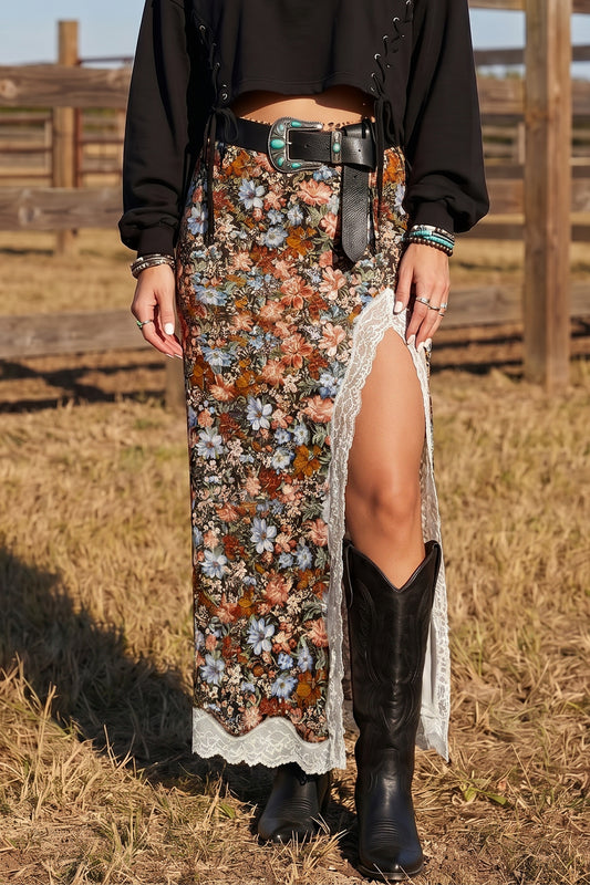 Multicolour Cheetah Print Trim Split Long Western Skirt-Bottoms/Skirts & Petticoat-[Adult]-[Female]-Multicolour-S-2022 Online Blue Zone Planet
