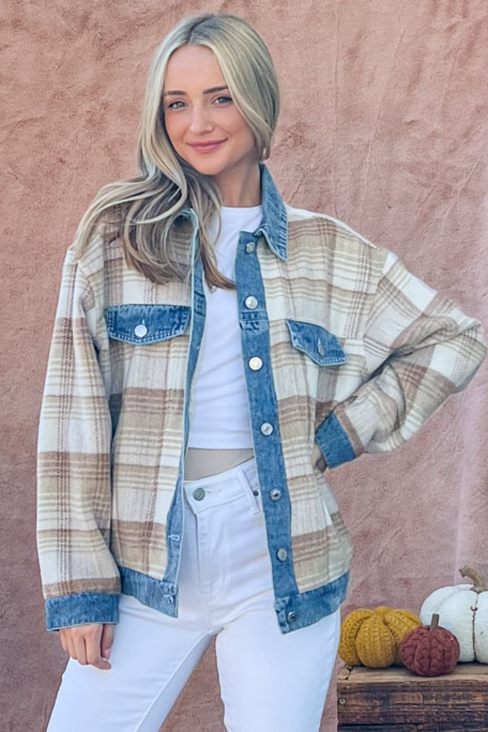 And The Why Full Size Washed Denim Detail Brushed Plaid Jacket-TOPS / DRESSES-[Adult]-[Female]-2022 Online Blue Zone Planet