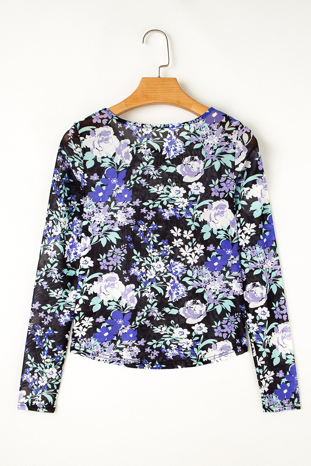 Blue Zone Planet | Black Floral Print Mesh Fitted Long Sleeve Top-Tops/Long Sleeve Tops-[Adult]-[Female]-2022 Online Blue Zone Planet