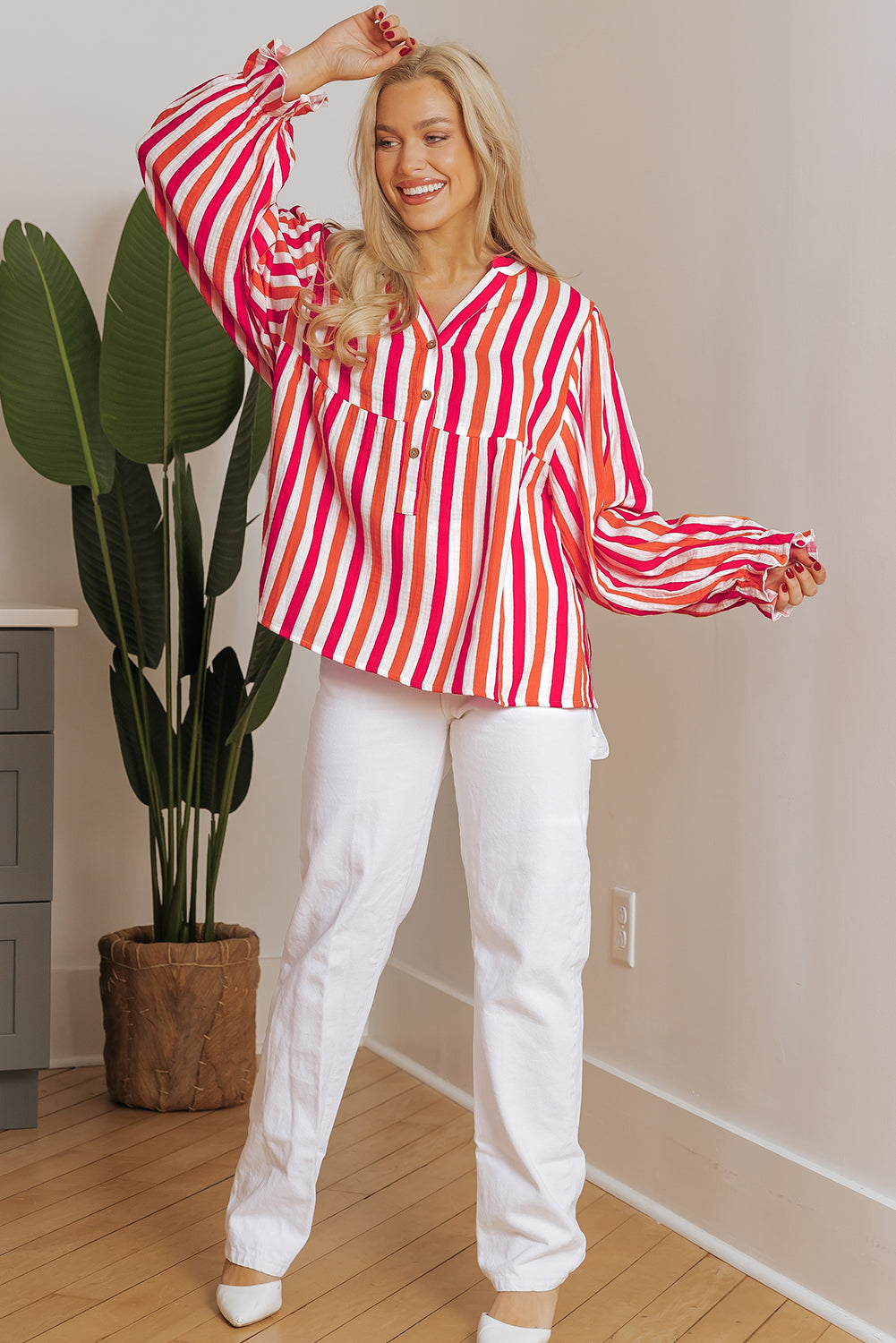 Blue Zone Planet | Orange Stripe Balloon Sleeve Notched V Neck Buttoned Front Blouse-Tops/Blouses & Shirts-[Adult]-[Female]-2022 Online Blue Zone Planet