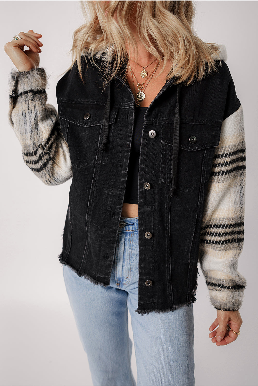 Blue Zone Planet | Black Plaid Sleeve Frayed Hem Hooded Denim Jacket-Outerwear/Denim jackets-[Adult]-[Female]-Black-S-2022 Online Blue Zone Planet