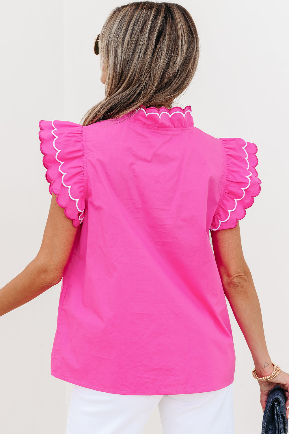 Bright Pink Contrast Scallop Trim Layered Short Sleeve V Neck Blouse-Tops/Blouses & Shirts-[Adult]-[Female]-2022 Online Blue Zone Planet