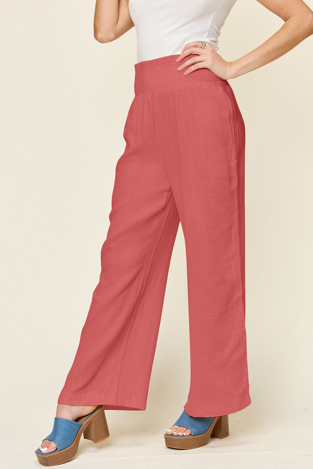 Double Take Full Size Texture Smocked Waist Wide Leg Pants-BOTTOMS SIZES SMALL MEDIUM LARGE-[Adult]-[Female]-2022 Online Blue Zone Planet