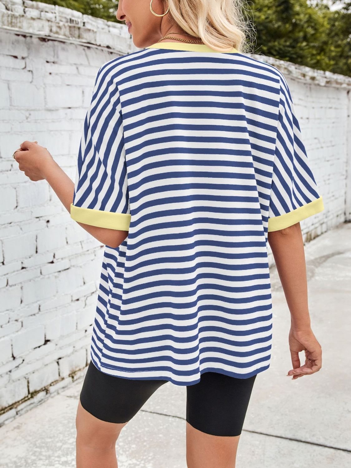 Lovelet Striped Round Neck Half Sleeve T-Shirt-TOPS / DRESSES-[Adult]-[Female]-2022 Online Blue Zone Planet