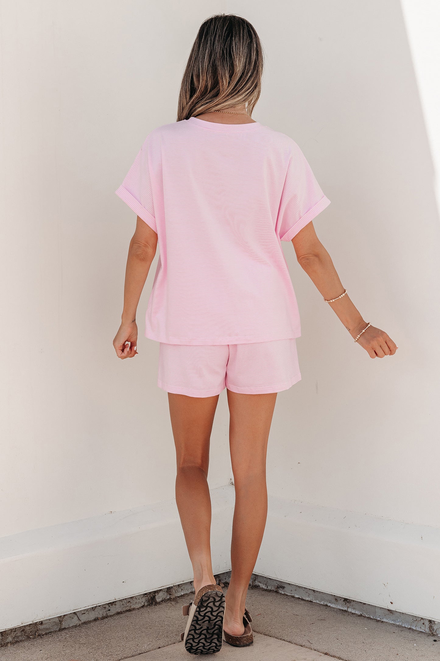 Pink Stripe Matching Oversized Tee and Drawstring Shorts Set-Two Piece Sets/Short Sets-[Adult]-[Female]-2022 Online Blue Zone Planet