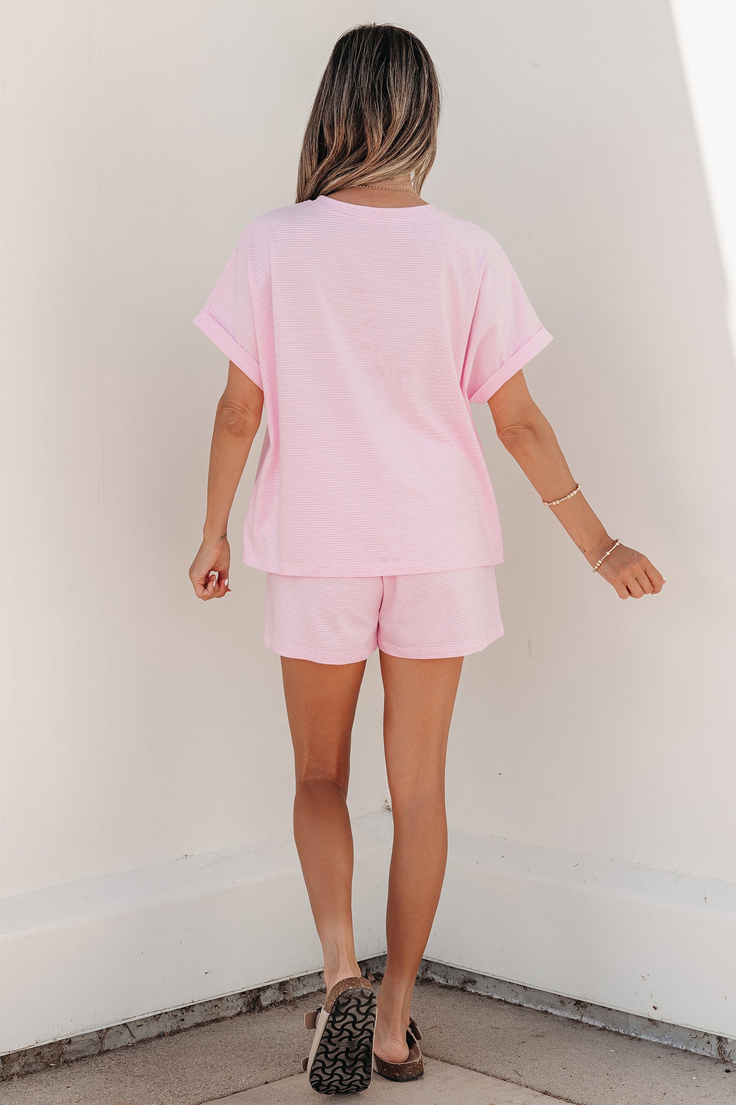 Pink Stripe Matching Oversized Tee and Drawstring Shorts Set-Two Piece Sets/Short Sets-[Adult]-[Female]-2022 Online Blue Zone Planet