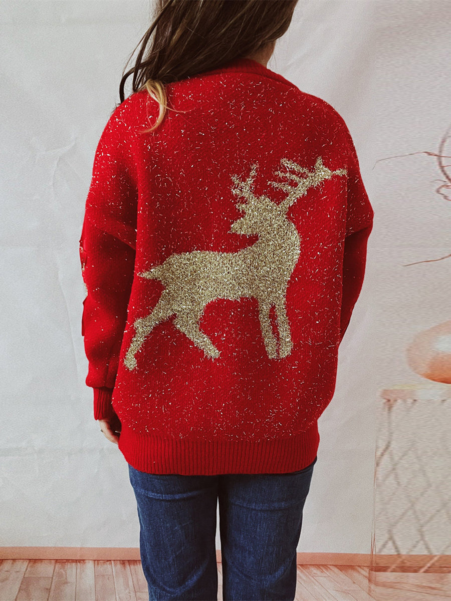 Reindeer Round Neck Long Sleeve Sweater-TOPS / DRESSES-[Adult]-[Female]-2022 Online Blue Zone Planet