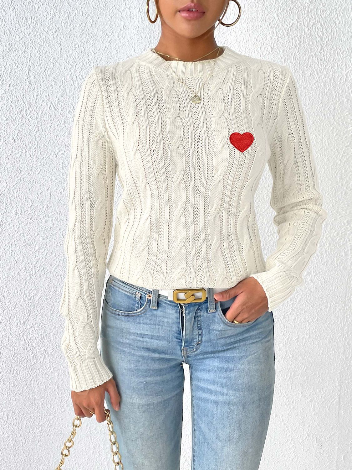 Blue Zone Planet | Cable-Knit Heart Round Neck Long Sleeve Sweater-TOPS / DRESSES-[Adult]-[Female]-White-S-2022 Online Blue Zone Planet