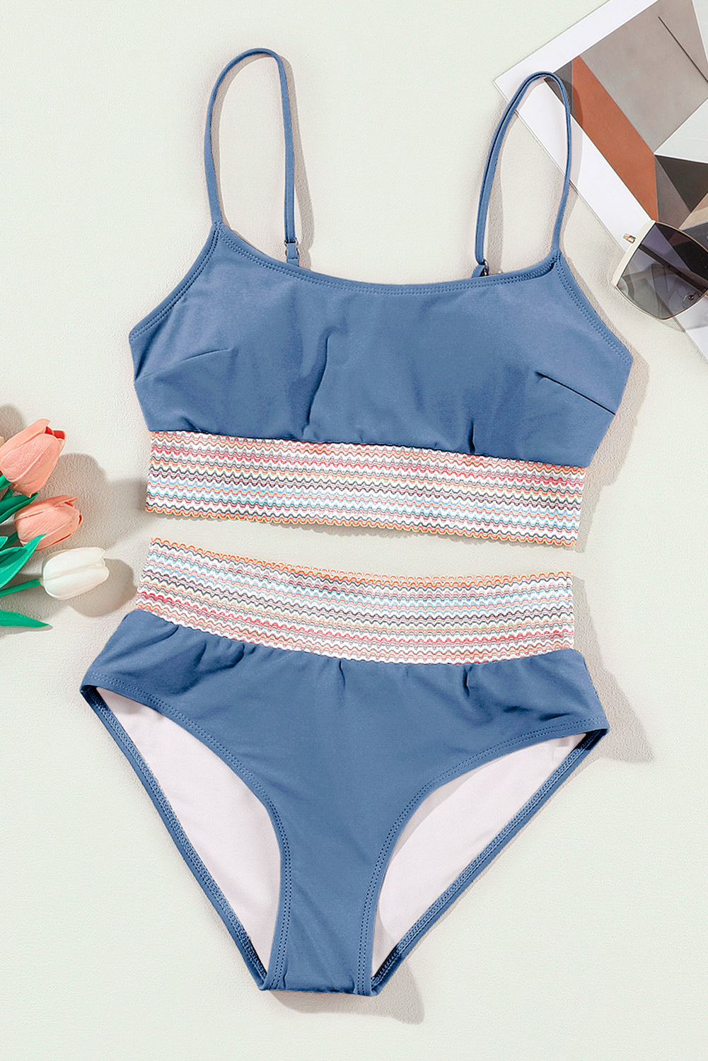 Dusk Blue Colorful Stitch Border Detail 2pcs High Waist Bikini Swimsuit-Swimwear/Bikinis-[Adult]-[Female]-2022 Online Blue Zone Planet