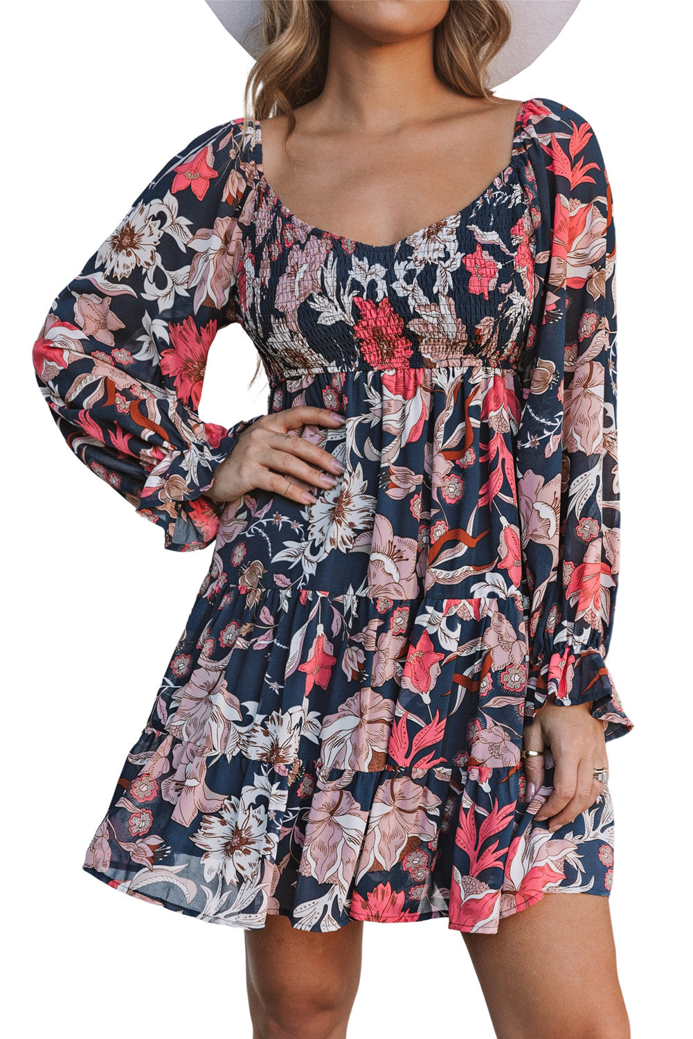 Blue Zone Planet | Blue Floral Tiered Long Puff Sleeve Mini Dress-TOPS / DRESSES-[Adult]-[Female]-2022 Online Blue Zone Planet