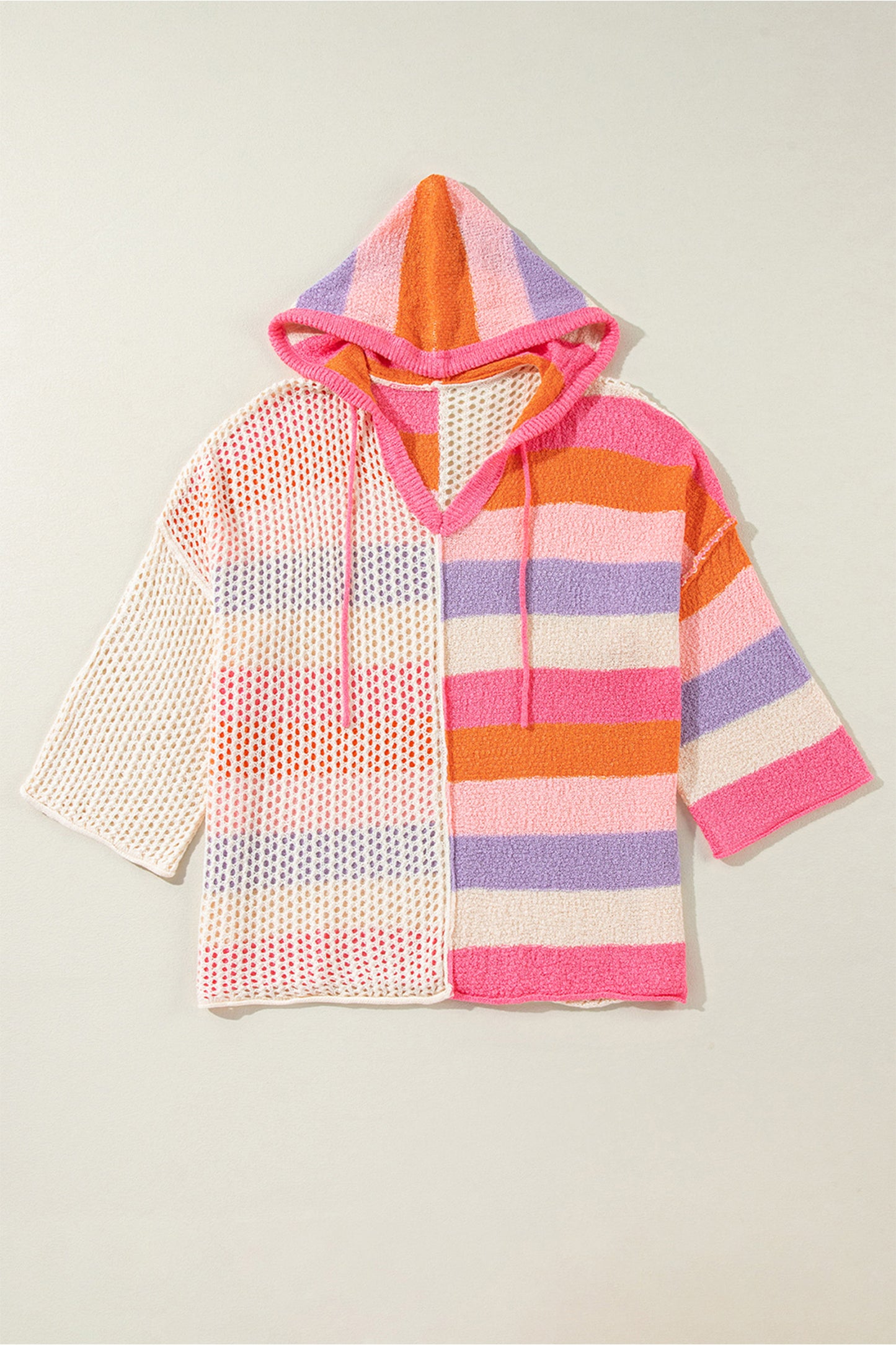 Blue Zone Planet | Beige Oversized Colorblock V Neck Hooded Sweater-Tops / Dresses-[Adult]-[Female]-2022 Online Blue Zone Planet