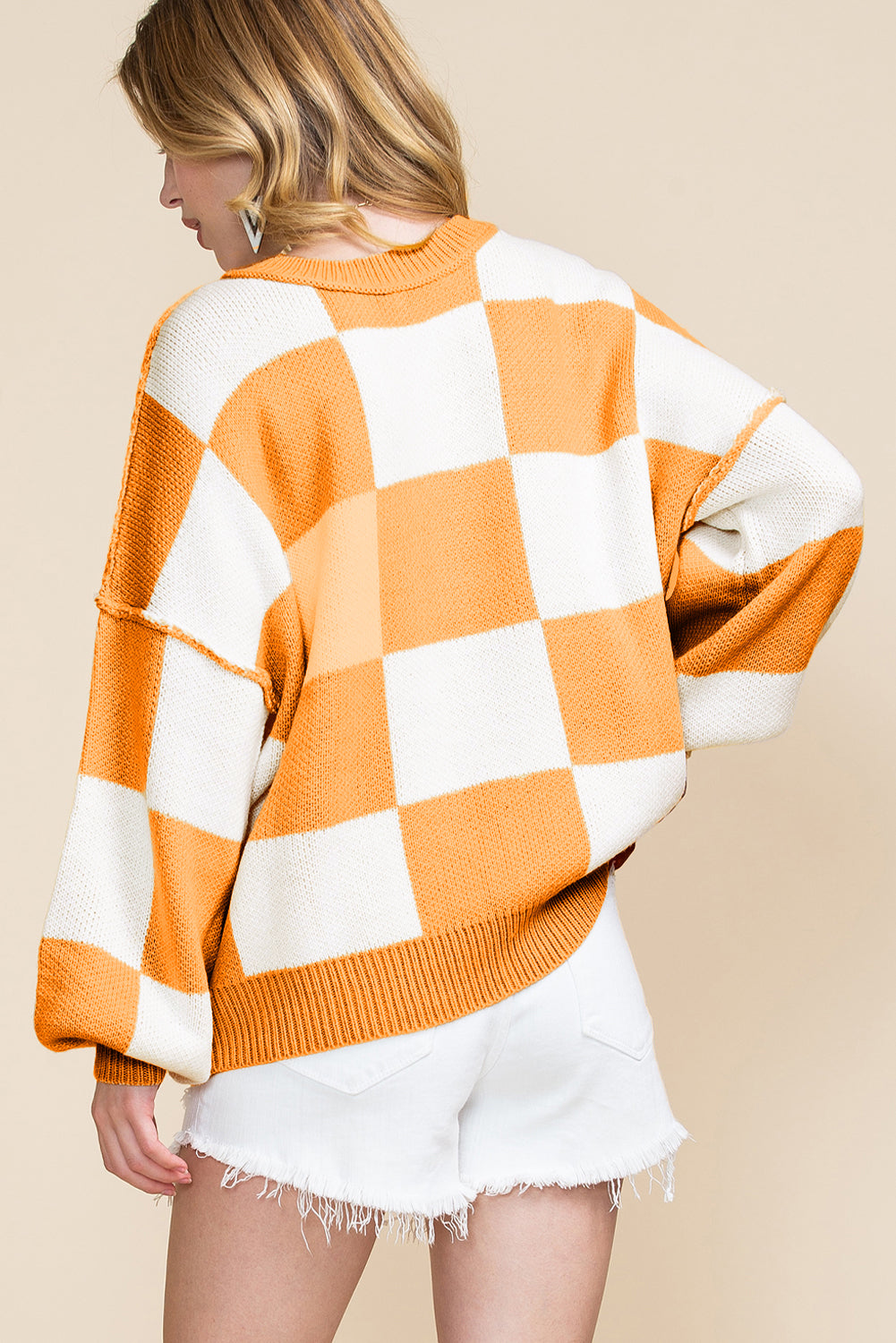 Blue Zone Planet | Pink Checked Bishop Sleeve Pullover Sweater-Sweaters-[Adult]-[Female]-2022 Online Blue Zone Planet