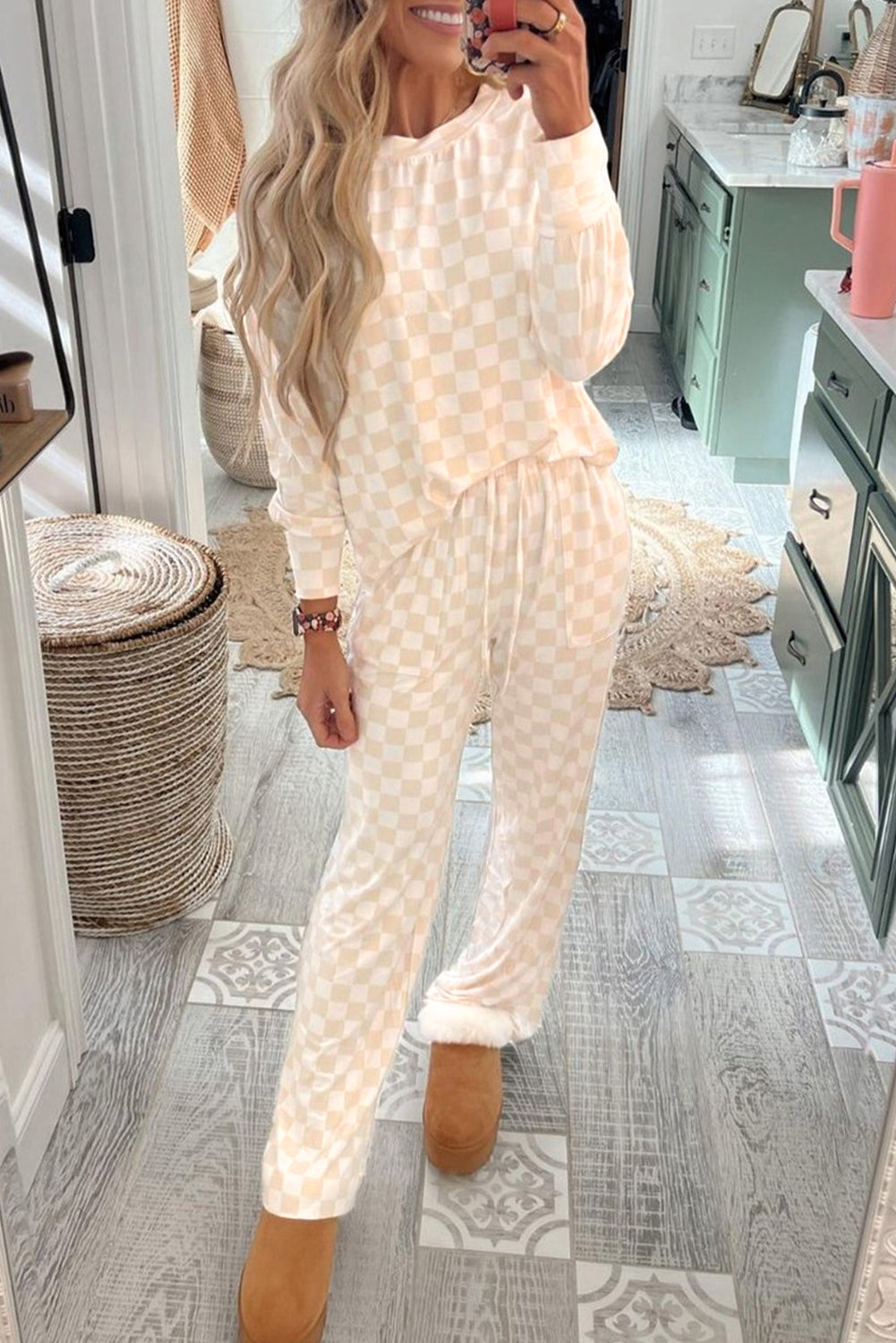 Blue Zone Planet | Beige Checkered Print Long Sleeve Loose Fit Pajama Set-Loungewear Set-[Adult]-[Female]-Beige-S-2022 Online Blue Zone Planet