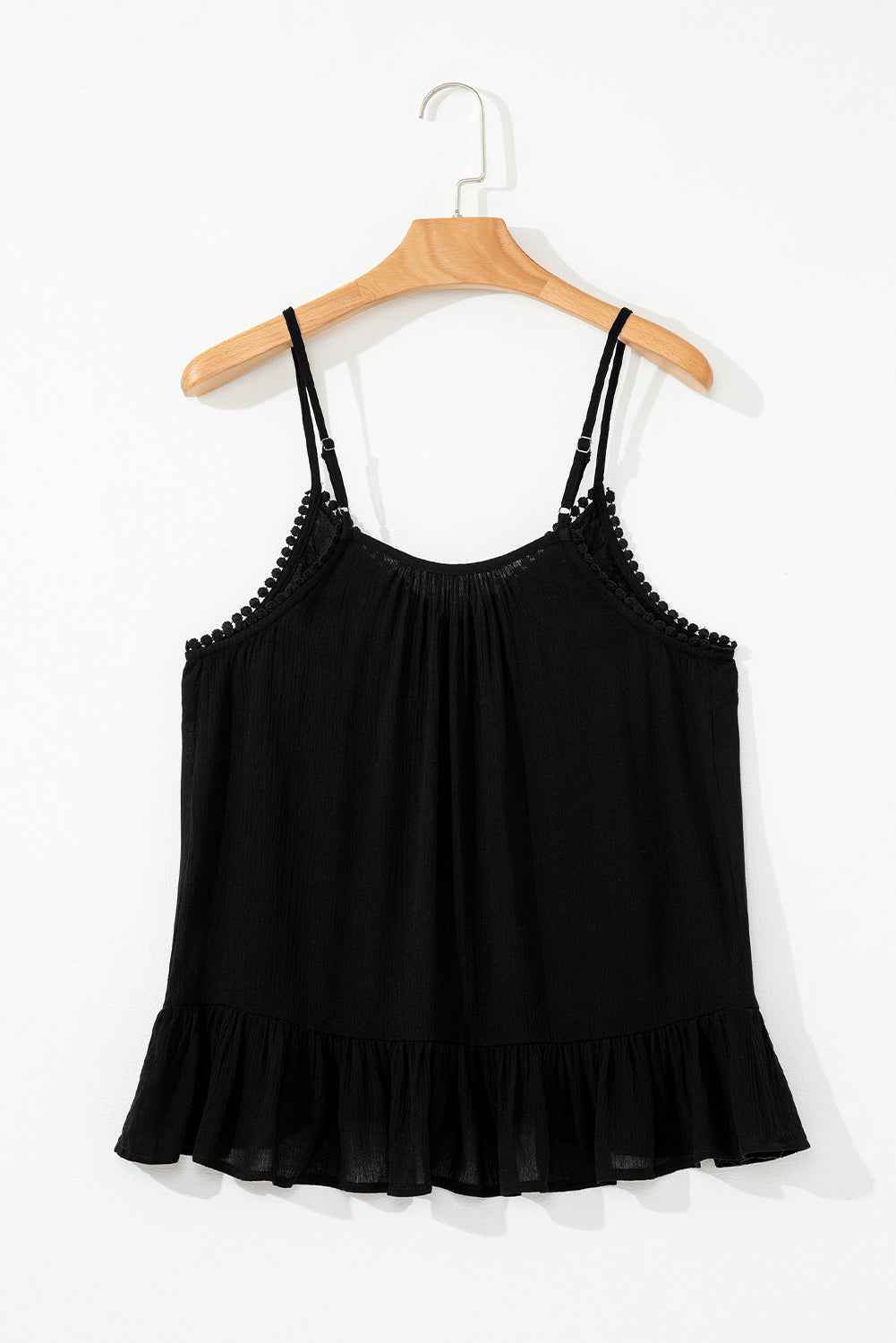 Black Floral Embroidery Ruffled Spaghetti Straps Tank Top-Tops/Tank Tops-[Adult]-[Female]-2022 Online Blue Zone Planet