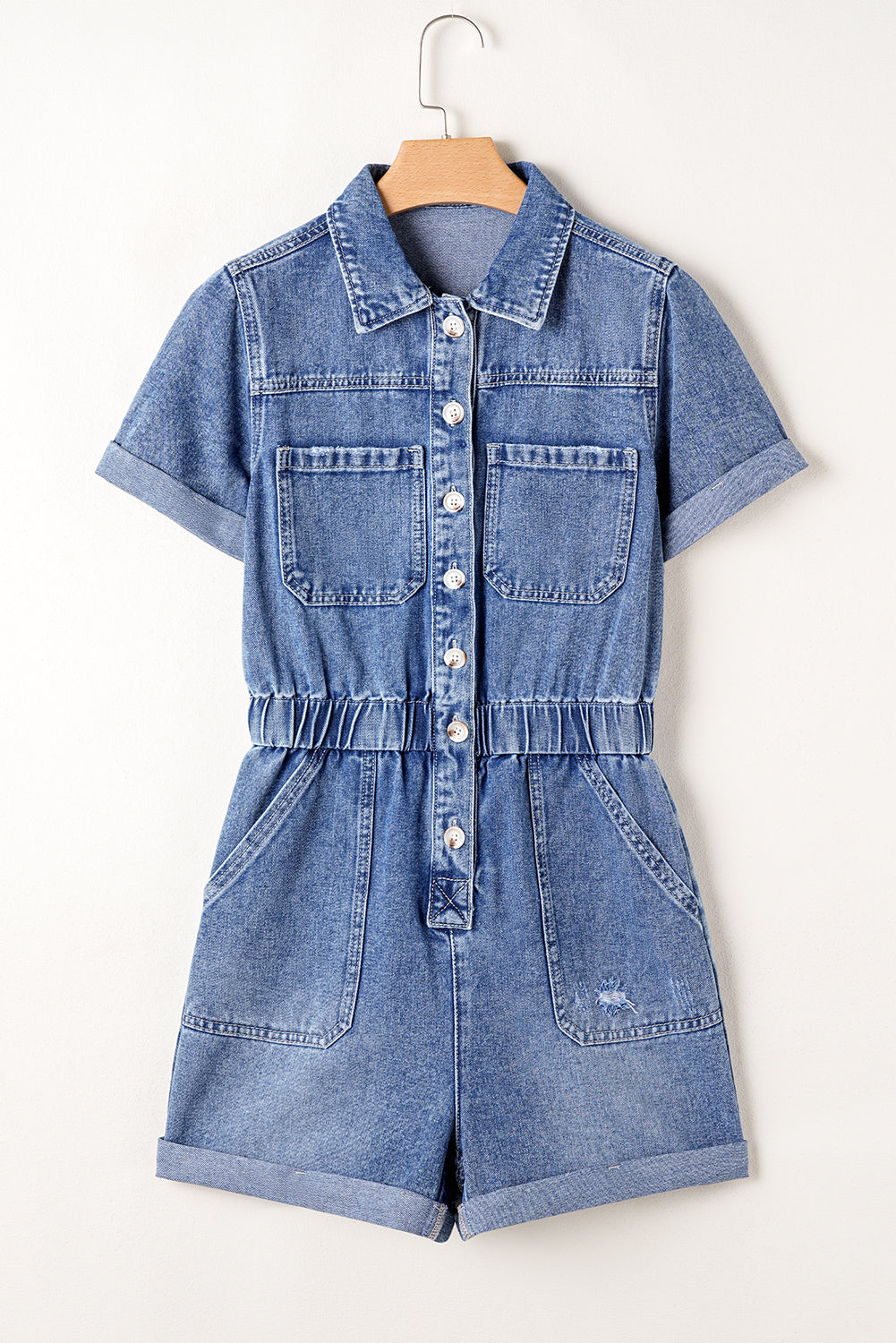 Blue Zone Planet | Dusk Blue Chest Pocket Front Buttoned Folded Edge Denim Short Sleeve Romper-Bottoms/Jumpsuits & Rompers-[Adult]-[Female]-2022 Online Blue Zone Planet