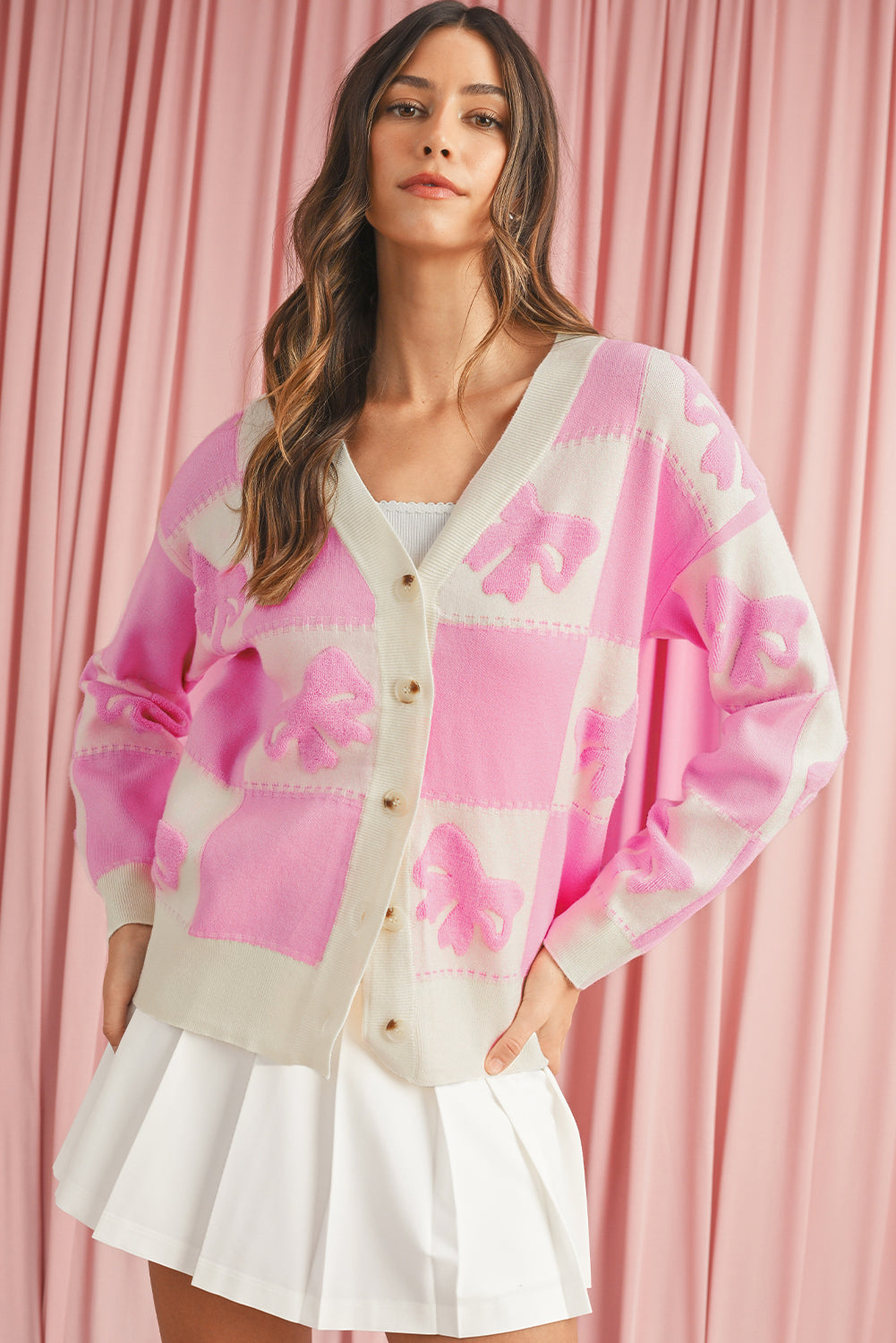 Blue Zone Planet | Pink Bowknot and Checkered Drop Shoulder Cardigan-Cardigans-[Adult]-[Female]-2022 Online Blue Zone Planet