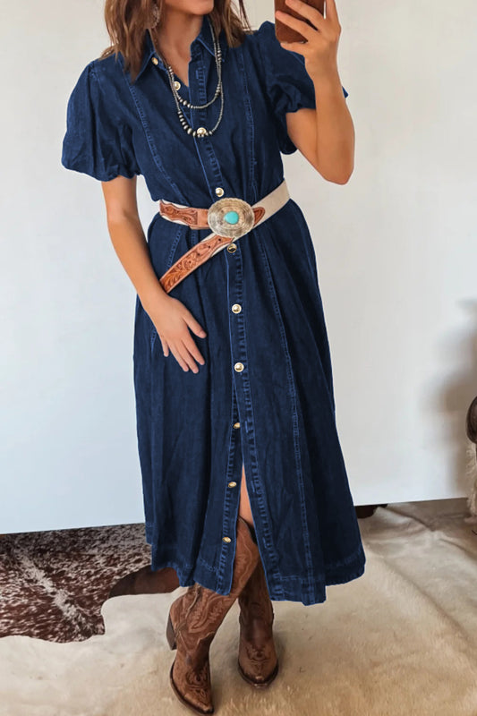Sail Blue Full Buttons Collared Short Bubble Sleeve Long Denim Dress-TOPS / DRESSES-[Adult]-[Female]-Sail Blue-L-2022 Online Blue Zone Planet