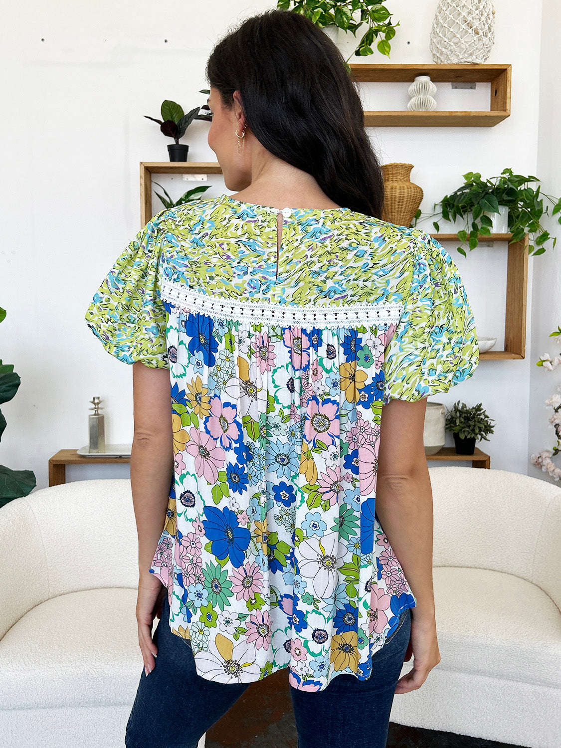 Printed Round Neck Puff Sleeve Blouse-TOPS / DRESSES-[Adult]-[Female]-2022 Online Blue Zone Planet