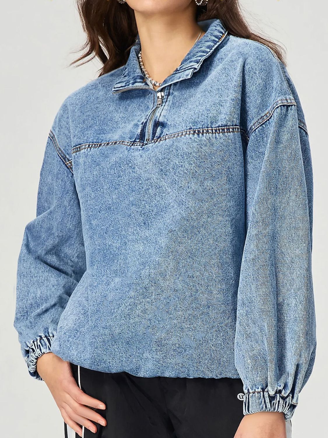 Blue Zone Planet | Quarter Zip Collared Neck Denim Top-TOPS / DRESSES-[Adult]-[Female]-Medium-S-2022 Online Blue Zone Planet