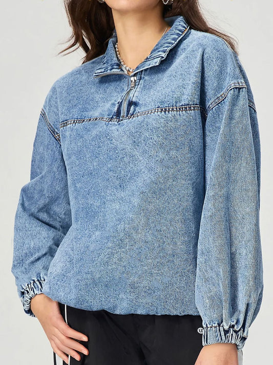 Blue Zone Planet | Quarter Zip Collared Neck Denim Top-TOPS / DRESSES-[Adult]-[Female]-Medium-S-2022 Online Blue Zone Planet