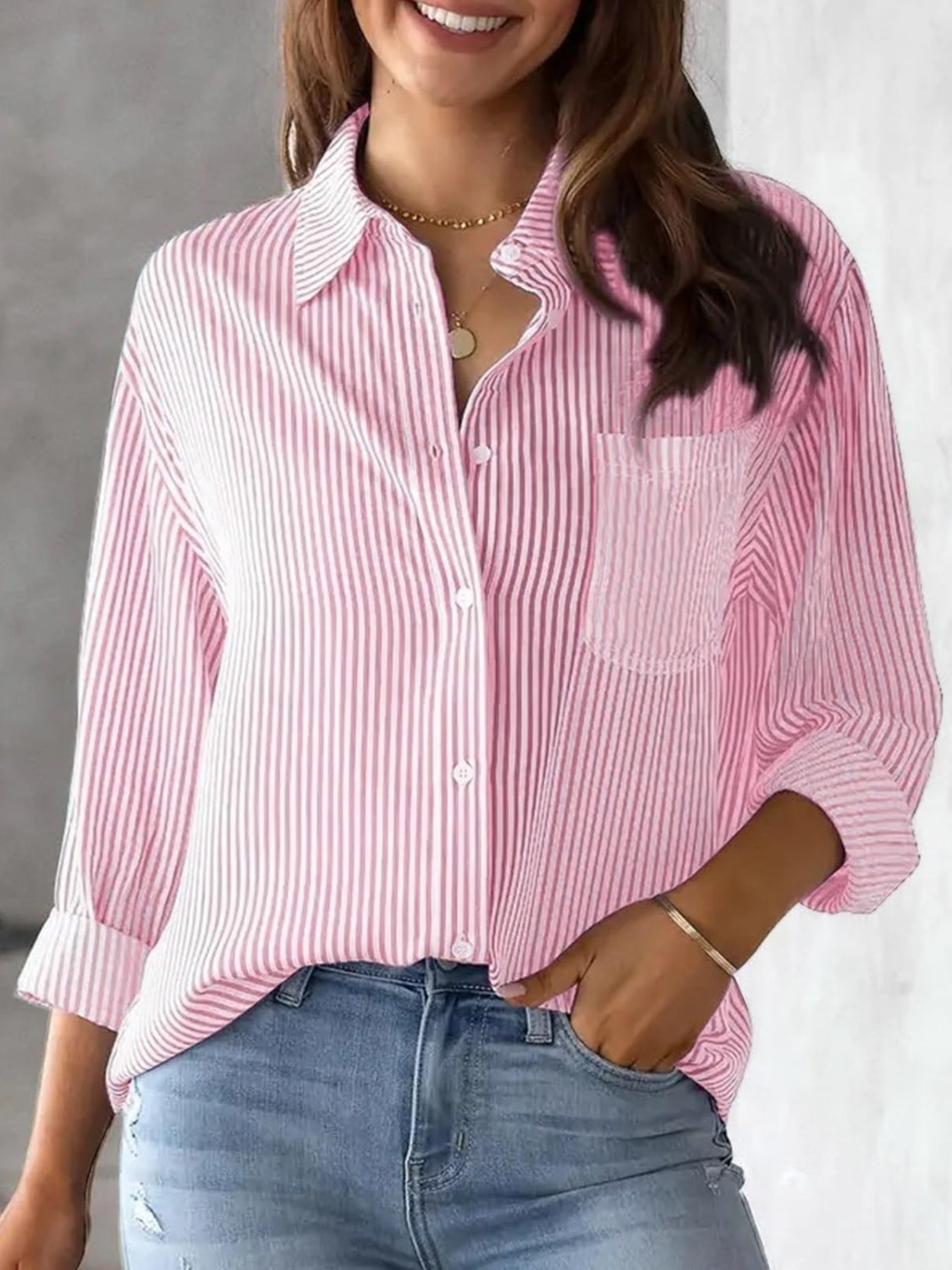 Striped Collared Neck Long Sleeve Shirt-TOPS / DRESSES-[Adult]-[Female]-Blush Pink-S-2022 Online Blue Zone Planet