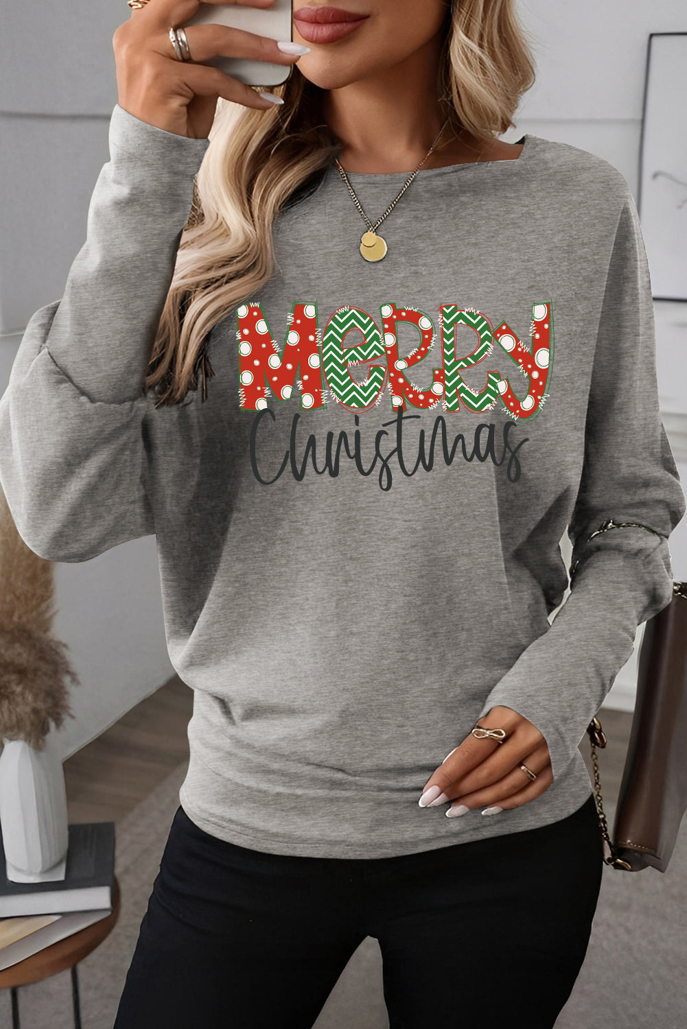 Light Grey Merry Christmas Graphic Extended Cuffs Dolman Long Sleeve Top-Graphic/Graphic Long Sleeve Tees-[Adult]-[Female]-2022 Online Blue Zone Planet