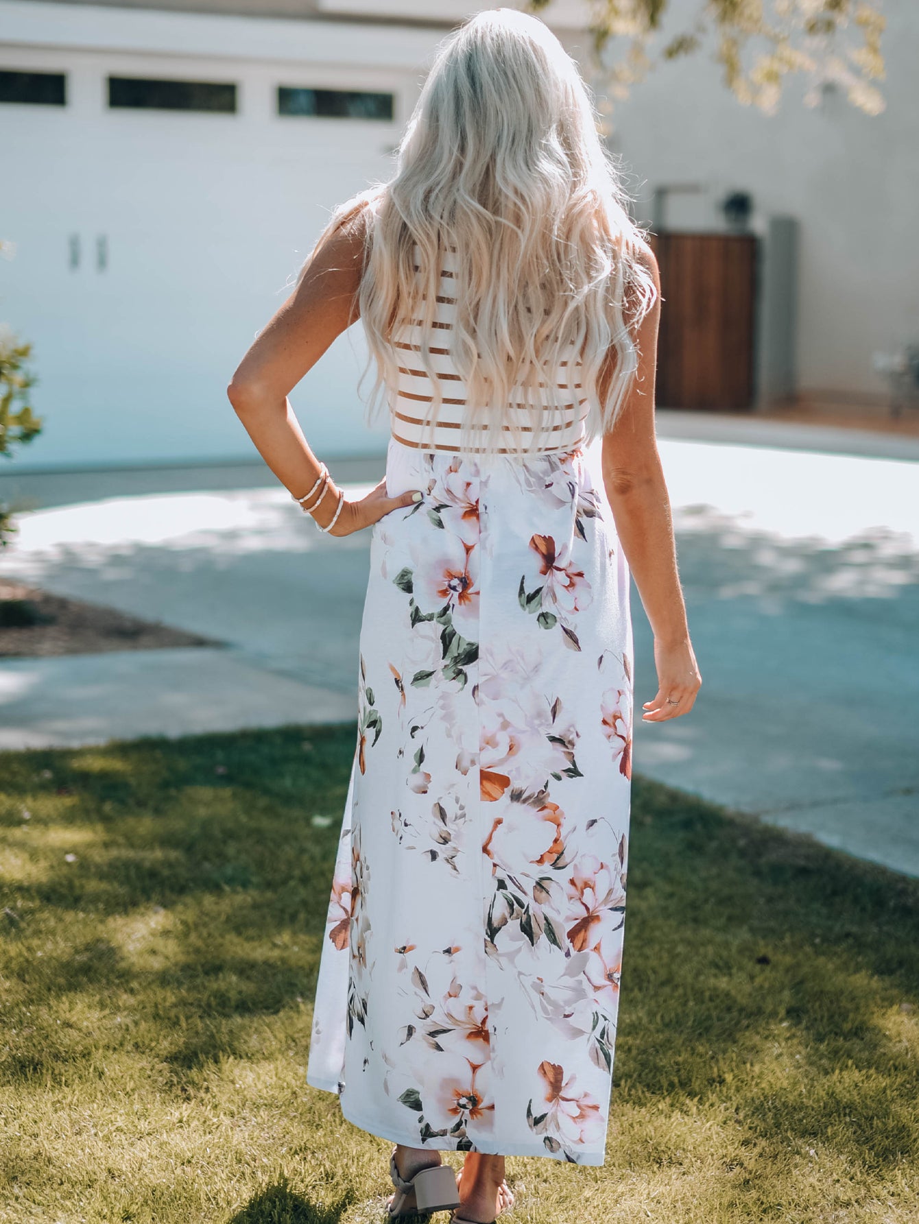 Blue Zone Planet | White Striped Floral Print Sleeveless Maxi Dress with Pocket-TOPS / DRESSES-[Adult]-[Female]-2022 Online Blue Zone Planet