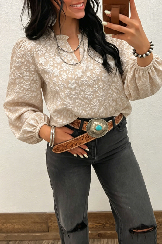 Apricot V Neck Floral Textured Long Sleeve Casual Blouse-Tops/Blouses & Shirts-[Adult]-[Female]-Apricot-S-2022 Online Blue Zone Planet