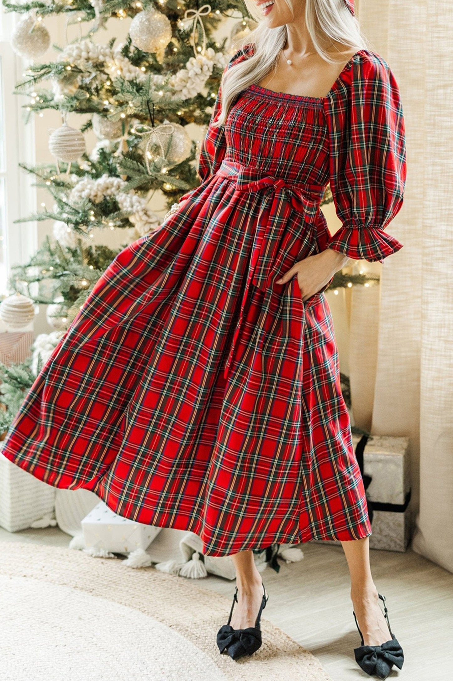 Red Tartan Plaid Square Neck Puff Sleeve Knot Waist Flared Midi Dress-TOPS / DRESSES-[Adult]-[Female]-Red-S-2022 Online Blue Zone Planet