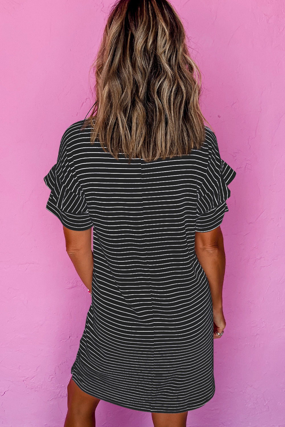 Black Stripe Ruffled Short Sleeve Crew Neck T Shirt Shift Mini Dress-TOPS / DRESSES-[Adult]-[Female]-2022 Online Blue Zone Planet