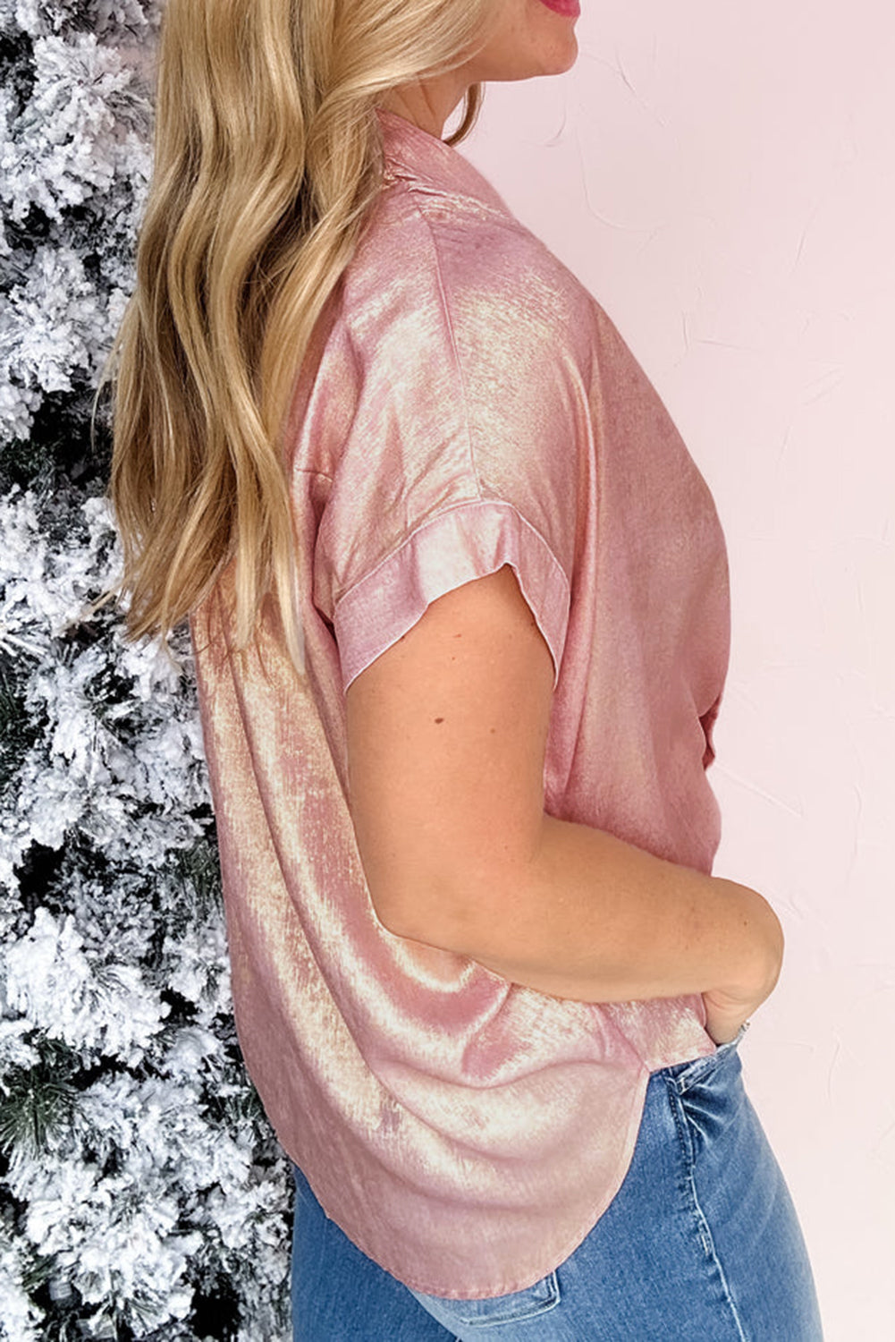 Delicacy Metallic Buttoned Loose Fit Short Sleeve Shirt-Tops/Blouses & Shirts-[Adult]-[Female]-2022 Online Blue Zone Planet