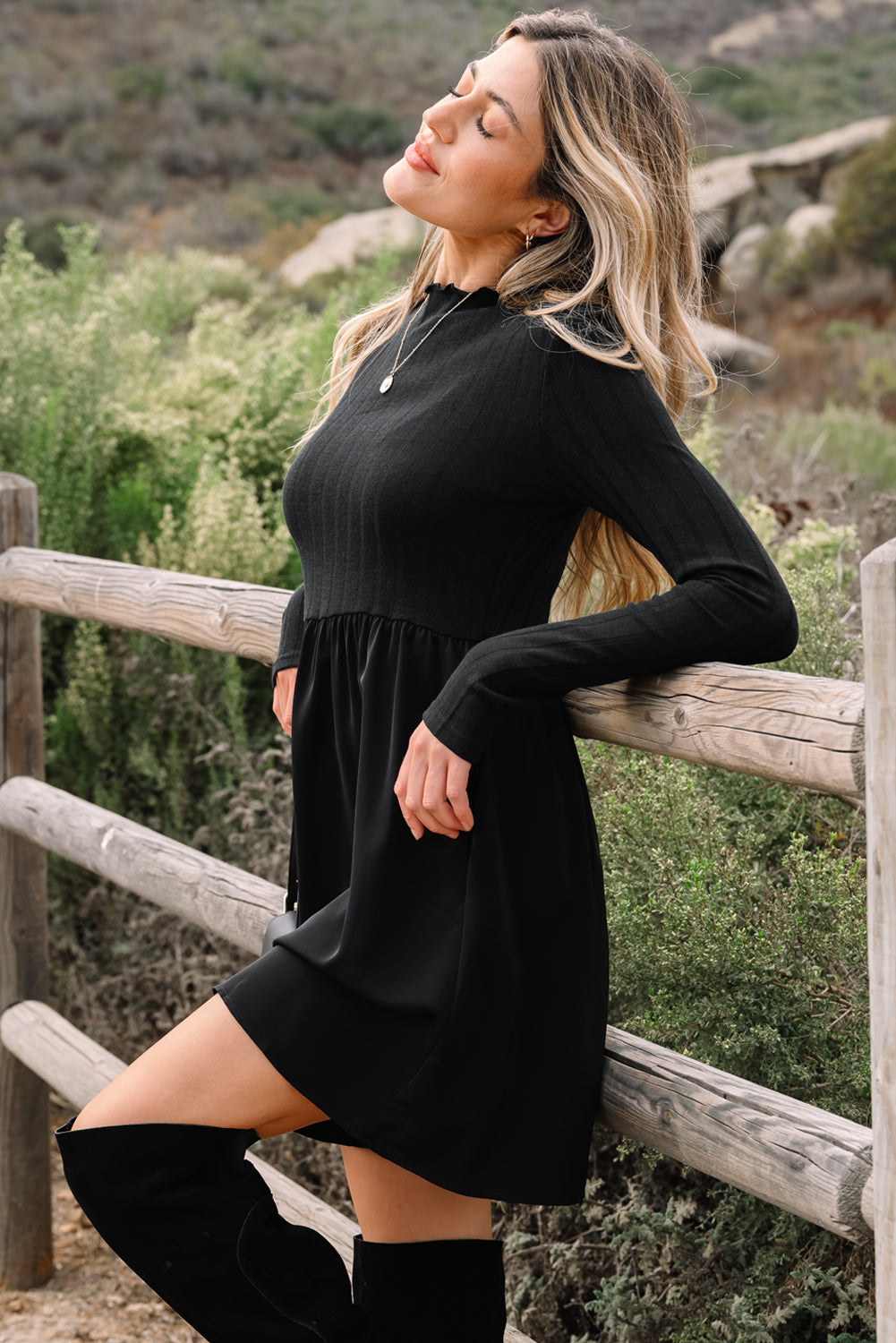 Black Frilled Neck Ribbed Knit Patchwork Long Sleeve Mini Dress-TOPS / DRESSES-[Adult]-[Female]-2022 Online Blue Zone Planet