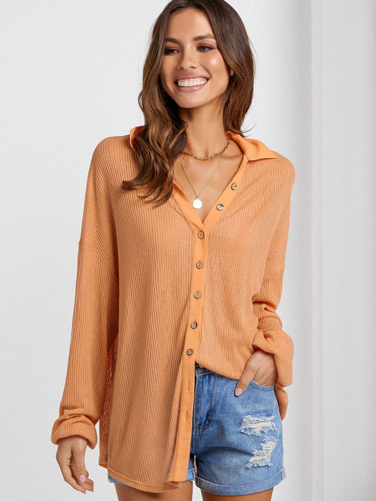 Blue Zone Planet | Collared Neck Button Down Long Sleeve Shirt-TOPS / DRESSES-[Adult]-[Female]-Tangerine-S-2022 Online Blue Zone Planet