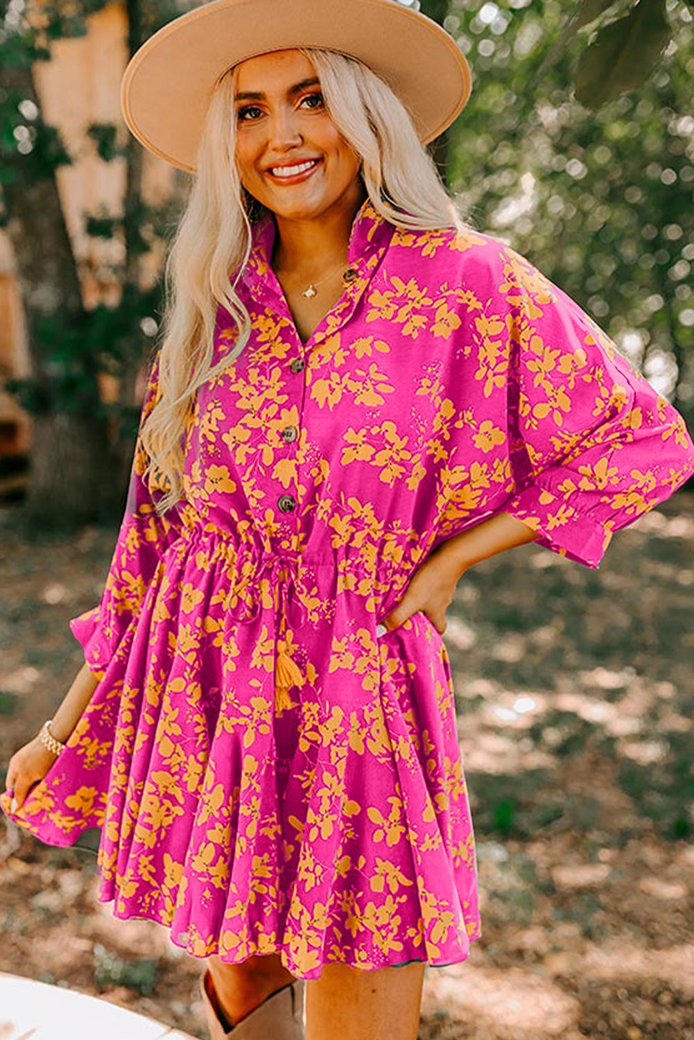 Pink Floral Print Drawstring Flowy Short Dress-20% OFF-[Adult]-[Female]-2022 Online Blue Zone Planet