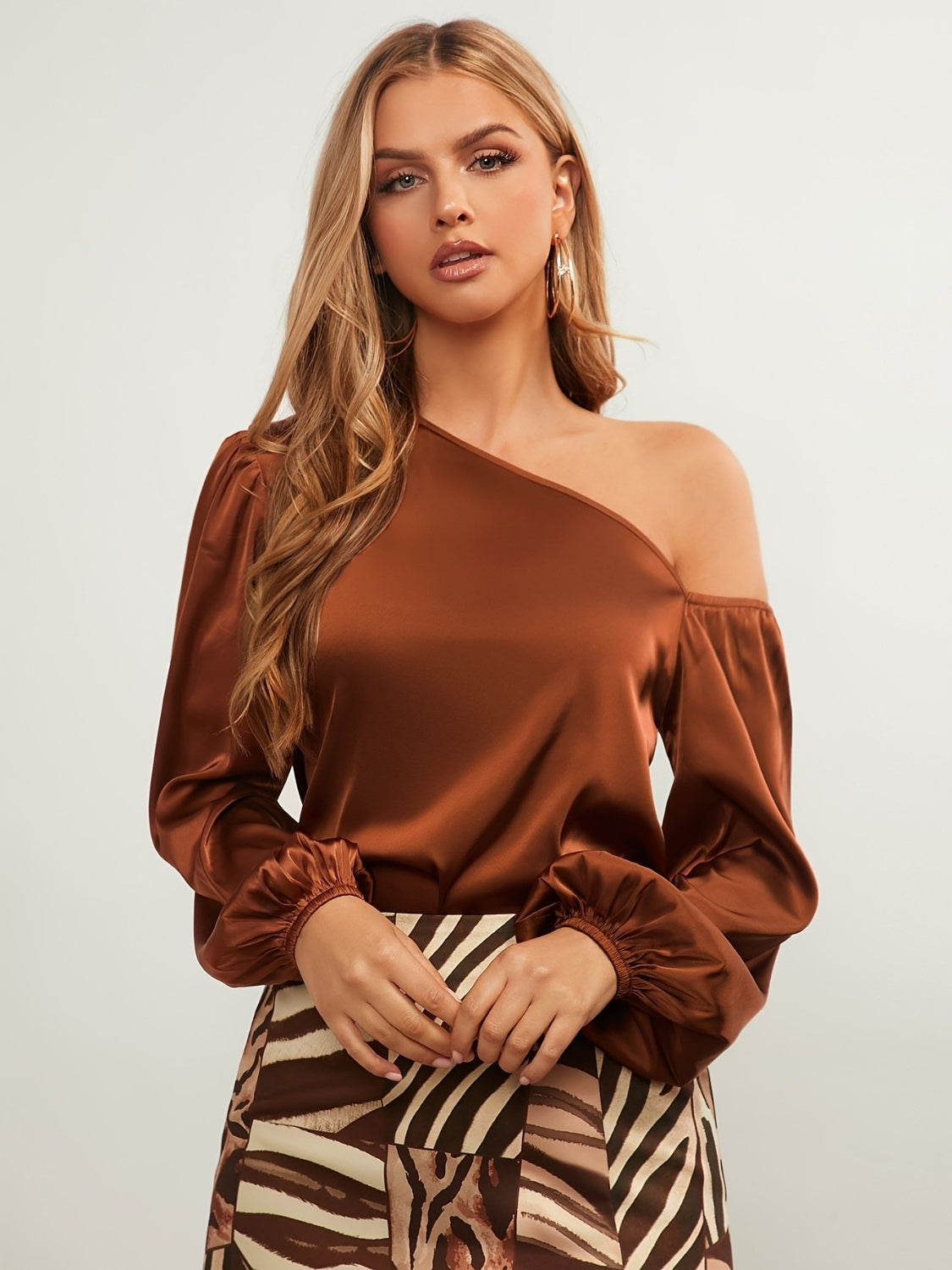 One Shoulder Long Sleeve Blouse-TOPS / DRESSES-[Adult]-[Female]-Brown-S-2022 Online Blue Zone Planet