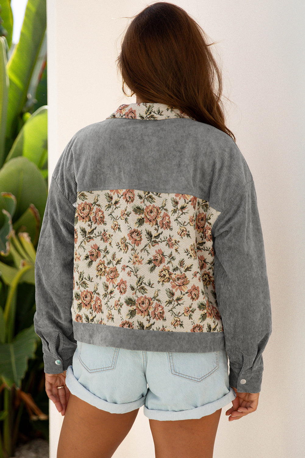 Medium Grey Ribbed Retro Floral Patchwork Shirt Style Jacket-Outerwear/Jackets-[Adult]-[Female]-2022 Online Blue Zone Planet