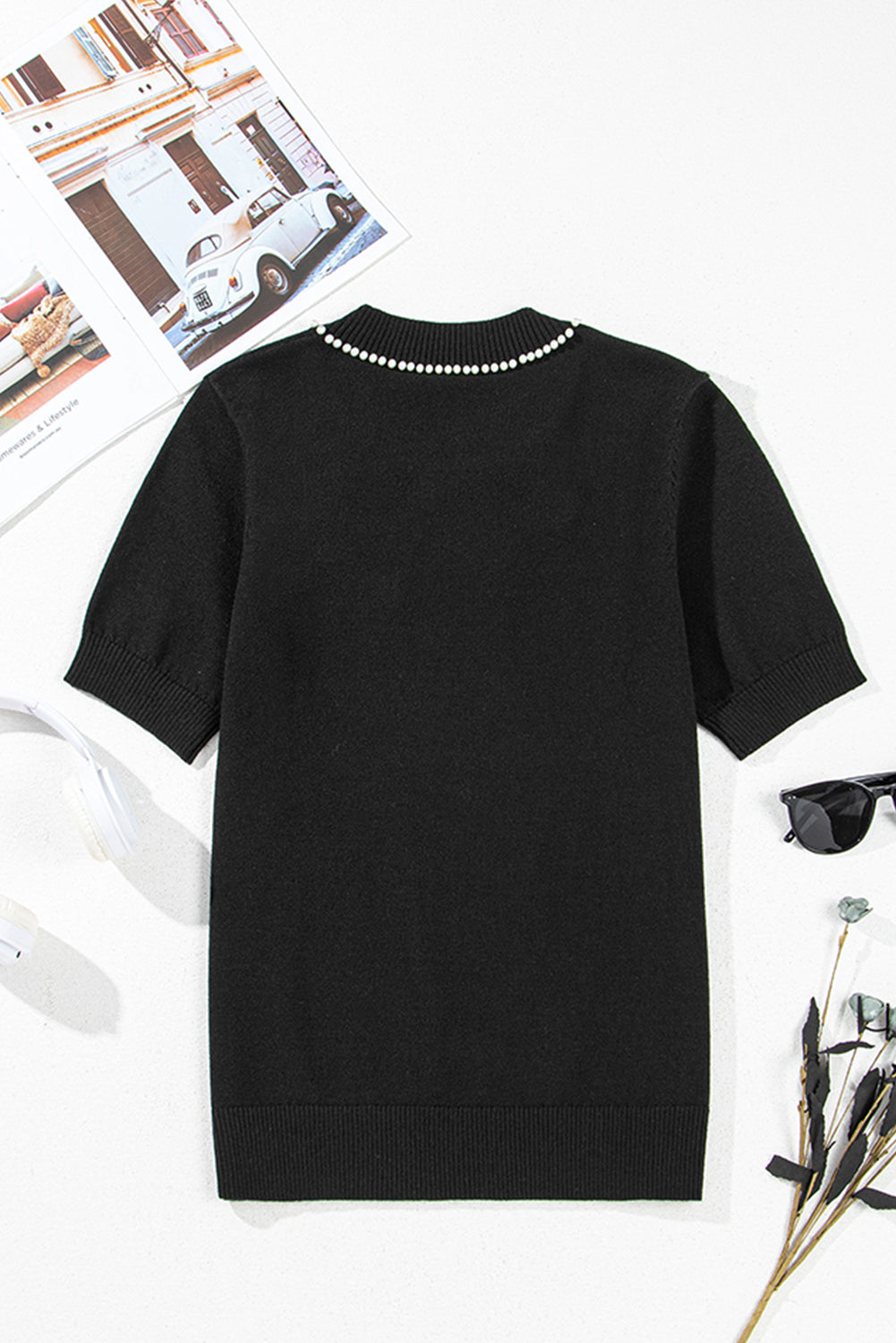 Black Pearl Bow Necklace Embellished Short Sleeve Knitted T Shirt-Sweaters & Cardigans/Short Sleeve Sweaters-[Adult]-[Female]-2022 Online Blue Zone Planet