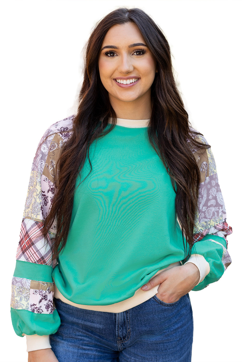 Aruba Blue Plaid Vintage Paisley Patchwork Long Sleeve Raglan Top-Tops/Long Sleeve Tops-[Adult]-[Female]-2022 Online Blue Zone Planet