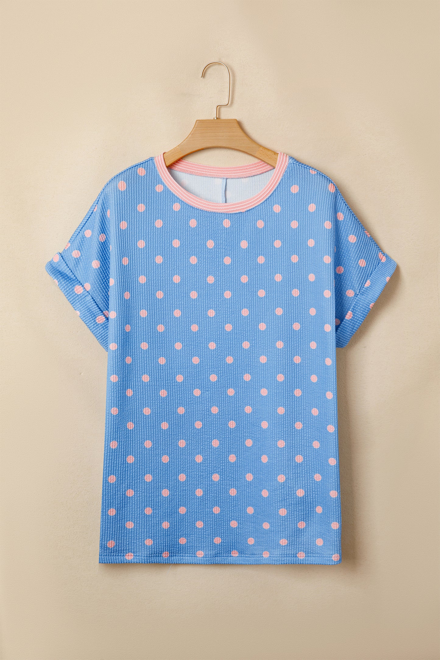 Sky Blue Raised Rib Polka Dot Print Cuffed Short Sleeve Top-Tops/Tops & Tees-[Adult]-[Female]-2022 Online Blue Zone Planet