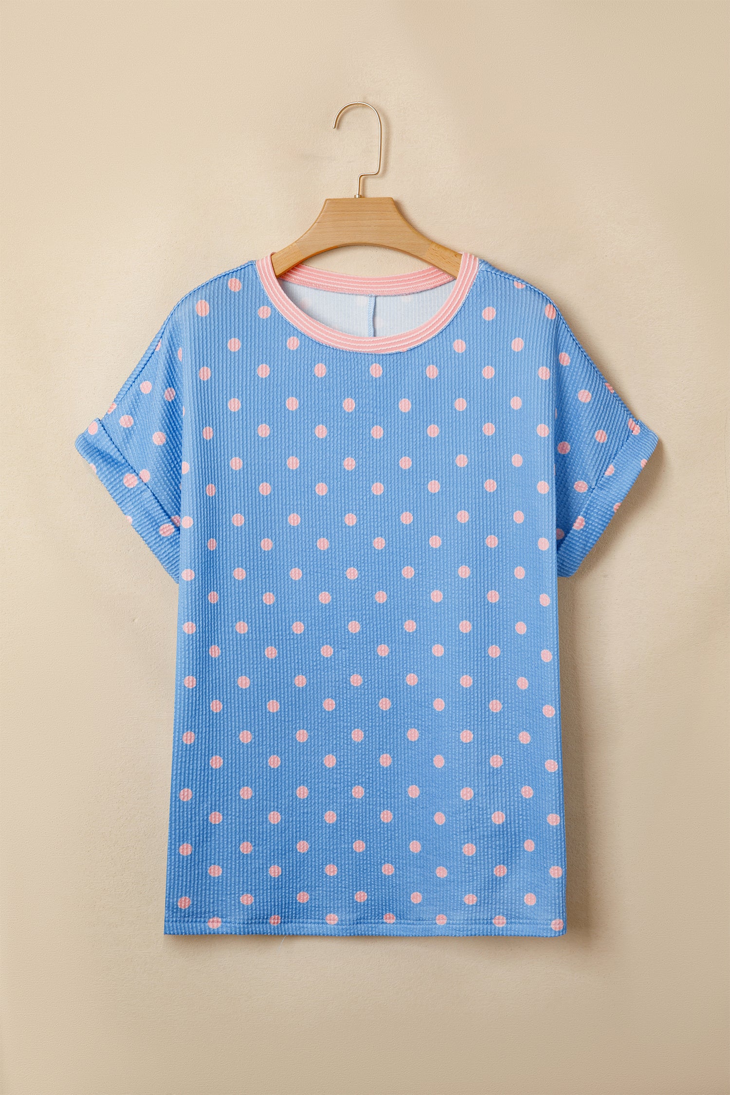 Sky Blue Raised Rib Polka Dot Print Cuffed Short Sleeve Top-Tops/Tops & Tees-[Adult]-[Female]-2022 Online Blue Zone Planet