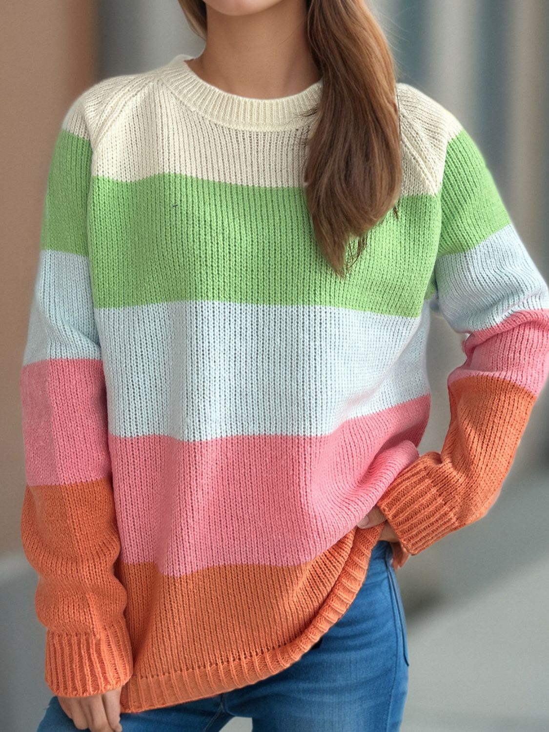 Blue Zone Planet | Color Block Round Neck Long Sleeve Sweater-TOPS / DRESSES-[Adult]-[Female]-2022 Online Blue Zone Planet