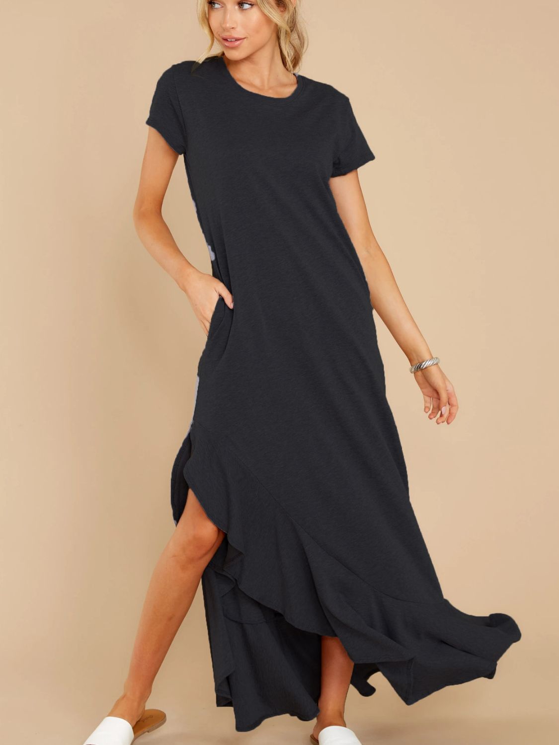 Blue Zone Planet | Slit Round Neck Short Sleeve Maxi Dress-TOPS / DRESSES-[Adult]-[Female]-2022 Online Blue Zone Planet