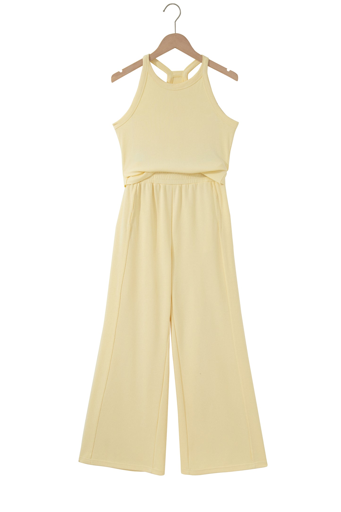 Yellow Cream Slim Ribbed Tank Top and Sweatpants Set-Two Piece Sets/Pant Sets-[Adult]-[Female]-2022 Online Blue Zone Planet