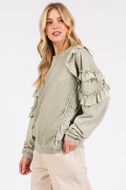 Mittoshop Ruffled Mineral Washed Round Neck Long Sleeve Sweatshirt-TOPS / DRESSES-[Adult]-[Female]-2022 Online Blue Zone Planet